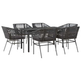 7 Piece Garden Dining Set with Cushions Black Poly Rattan Glass - Front View