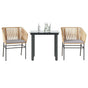 3 Piece Garden Dining Set with Cushions Brown Poly Rattan Glass