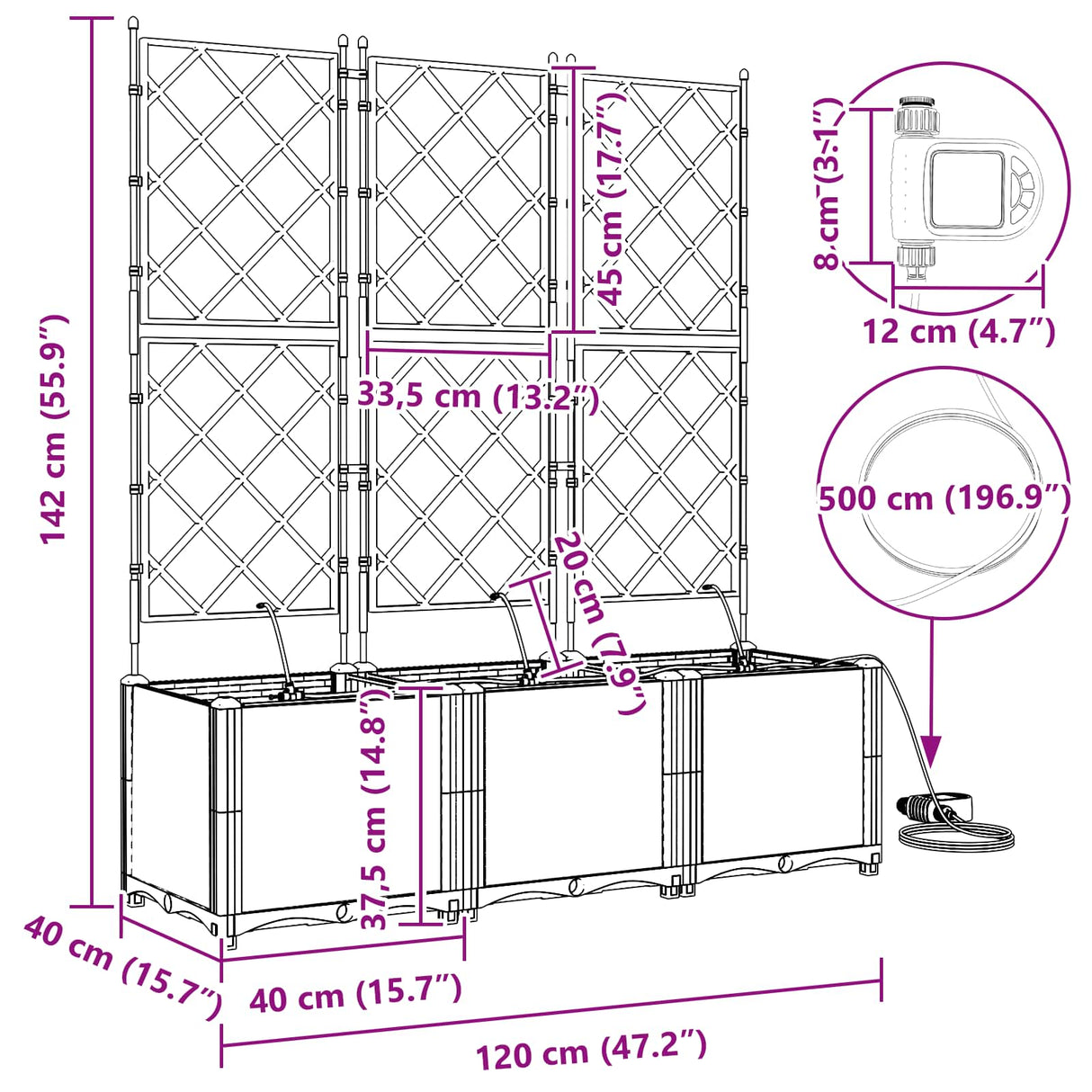 Garden Planter 3 pcs Grey 120 x 40 x 142 cm PP