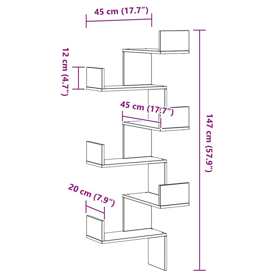 Wall Corner Shelf Black Oak 45 x 45 x 147 cm