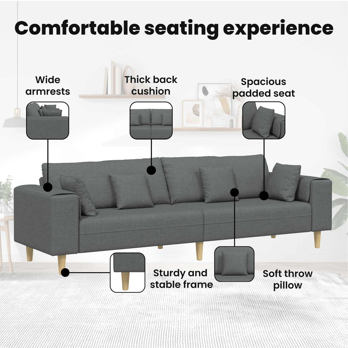 Fabric Sofa with Cushion Dark Grey 208 cm Fabric