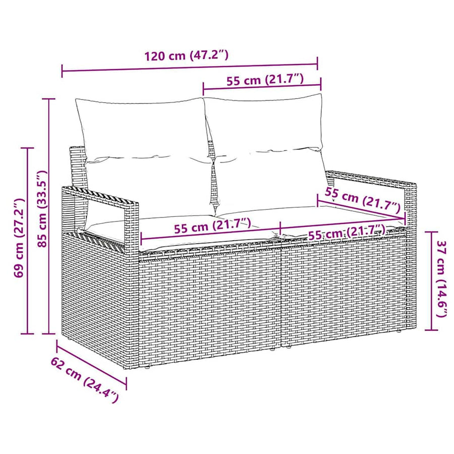 Garden Sofa with Cushion 120 x 62 x 69 cm. Poly Rattan
