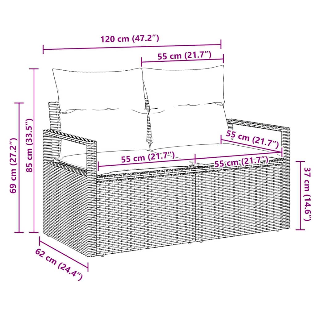 Garden Sofa with Cushion 120 x 62 x 69 cm. Poly Rattan
