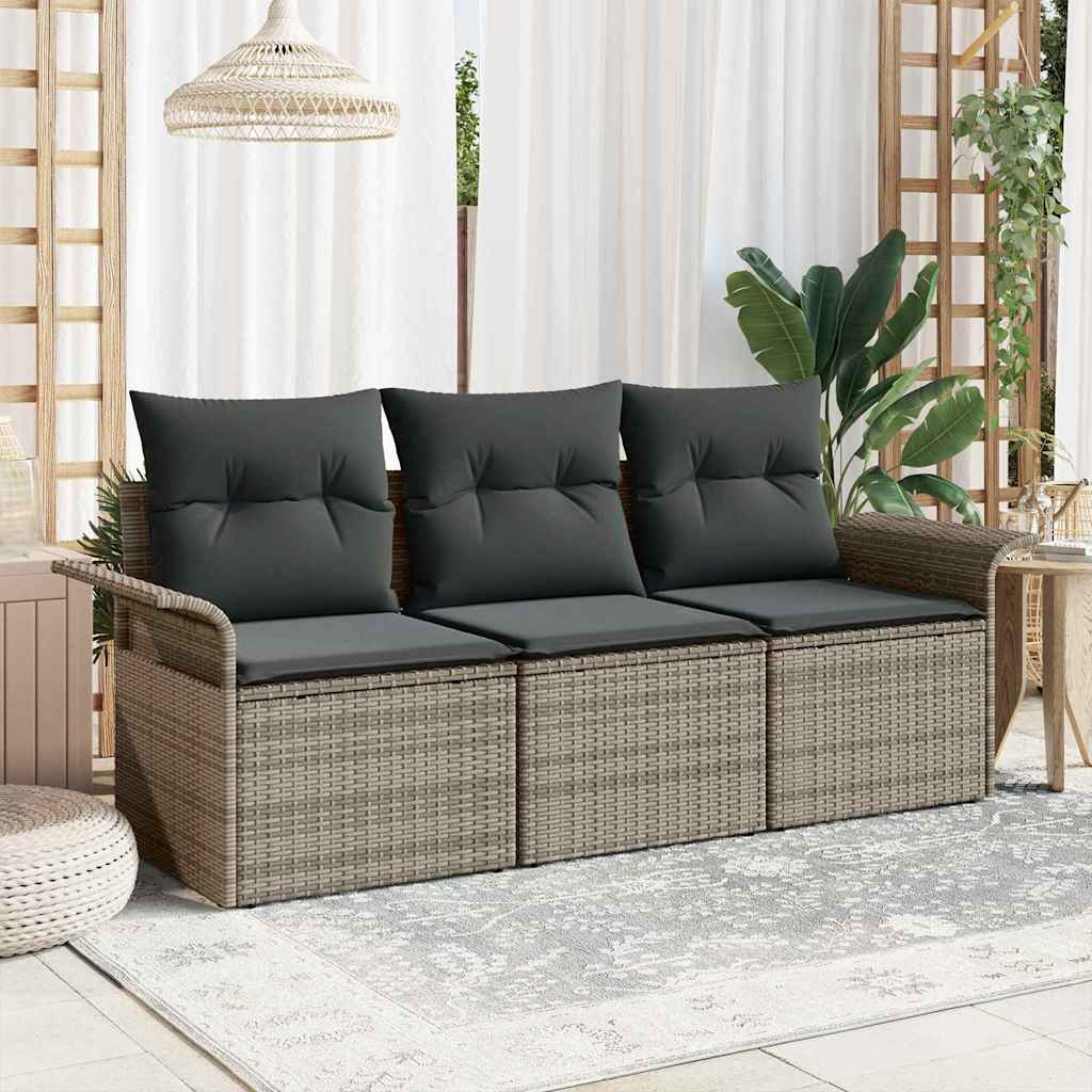 Sofa Set with Cushion 3 pcs Grey Poly Rattan