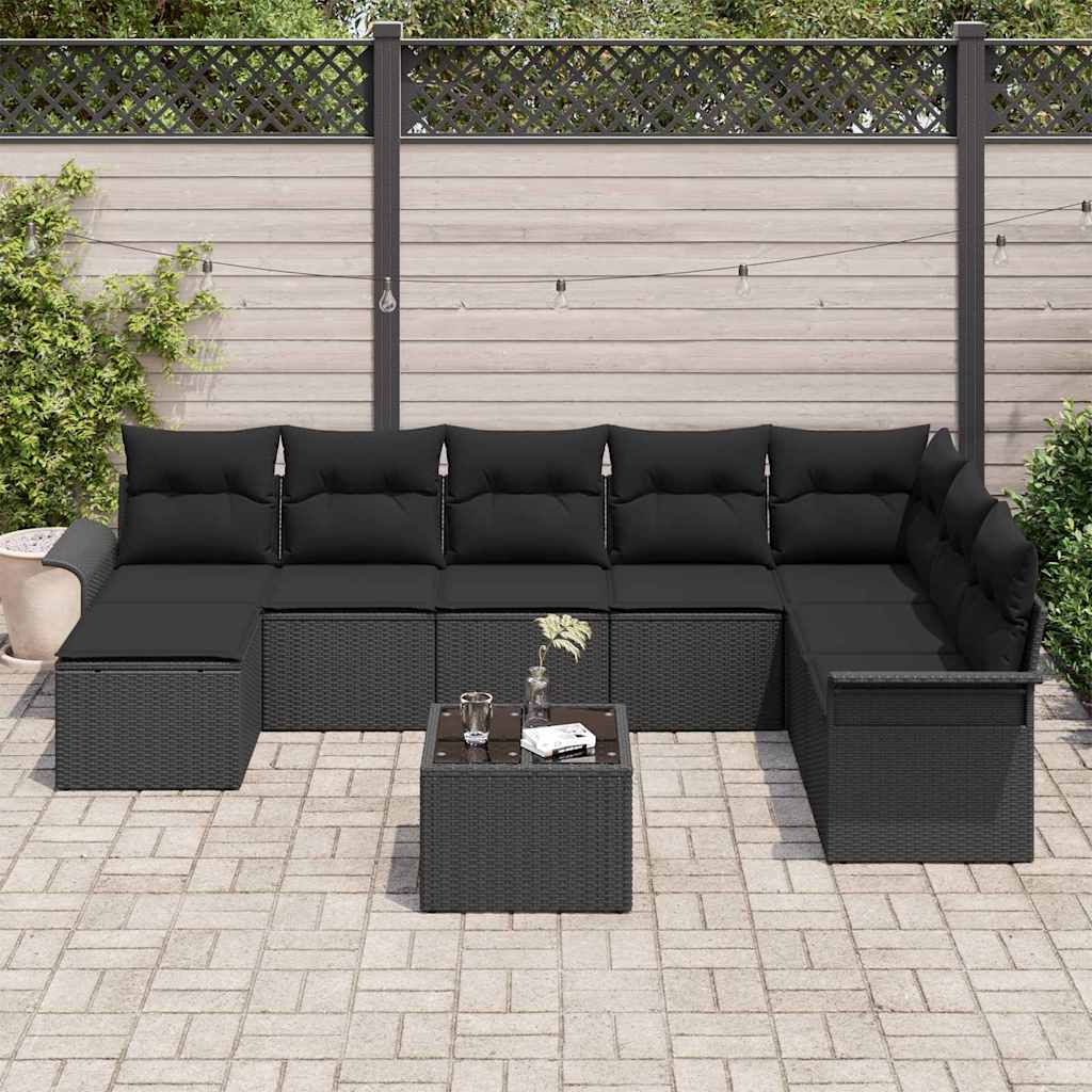 Garden Sofa Set with Cushion 9 pcs Black Poly Rattan