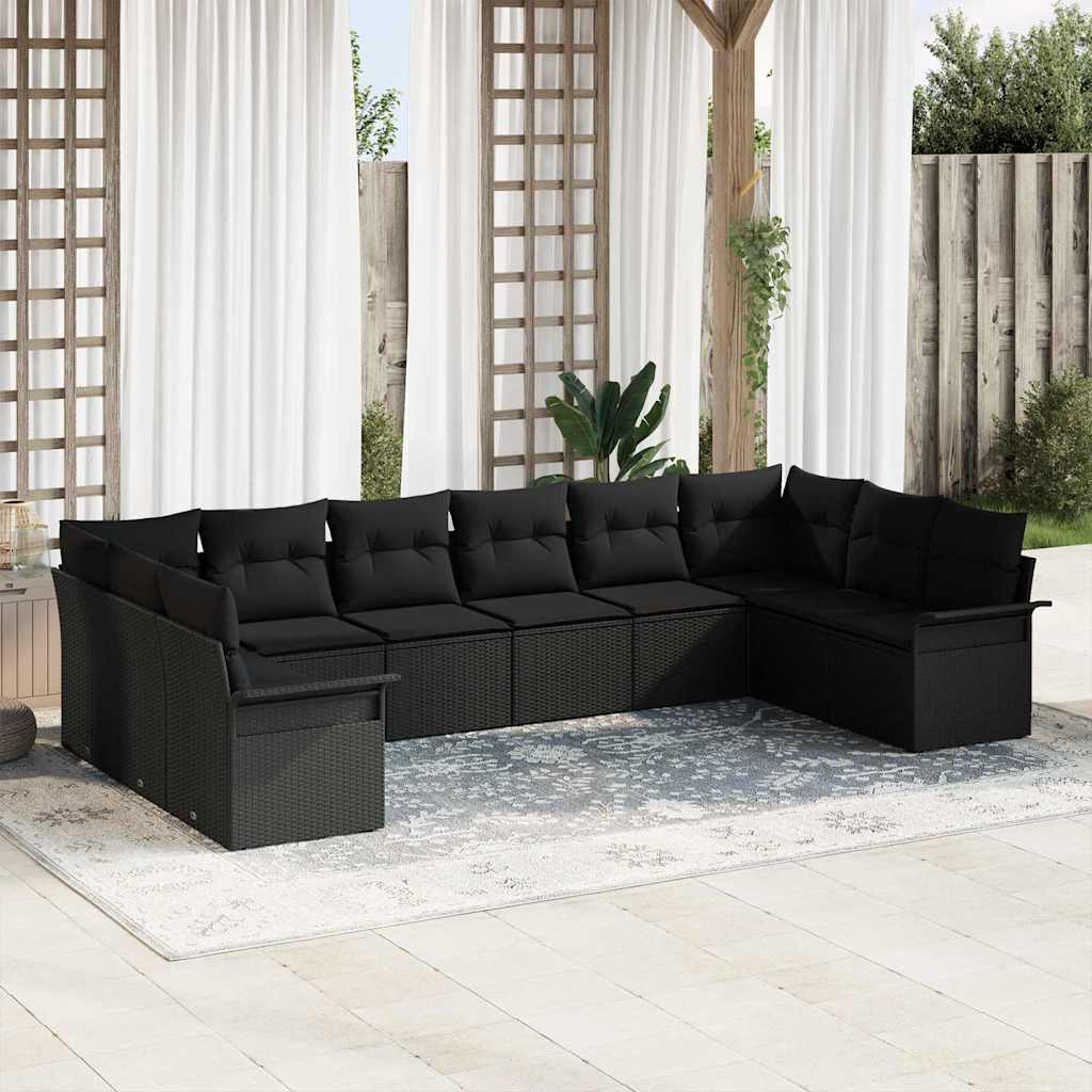 Garden Sofa Set with Cushion 10 pcs Black Poly Rattan
