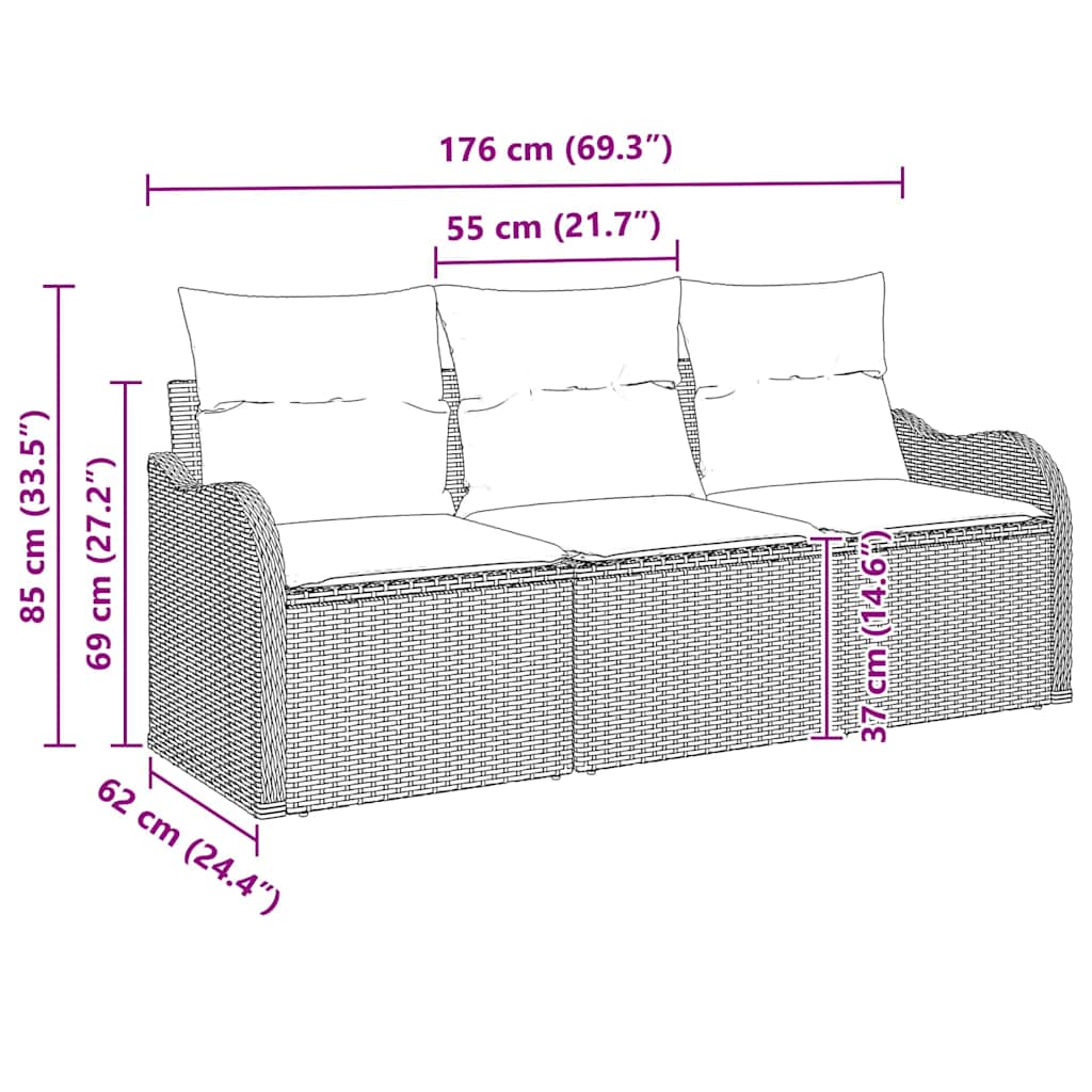 Garden Sofa Set with Cushion 3 pcs Black Poly Rattan