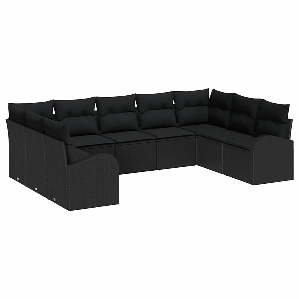 Sofa Set with Cushion 9 pcs Black Poly Rattan