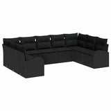 Sofa Set with Cushion 9 pcs Black Poly Rattan - Front View
