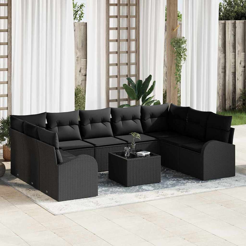 Sofa Set with Cushion 10 pcs Black Poly Rattan