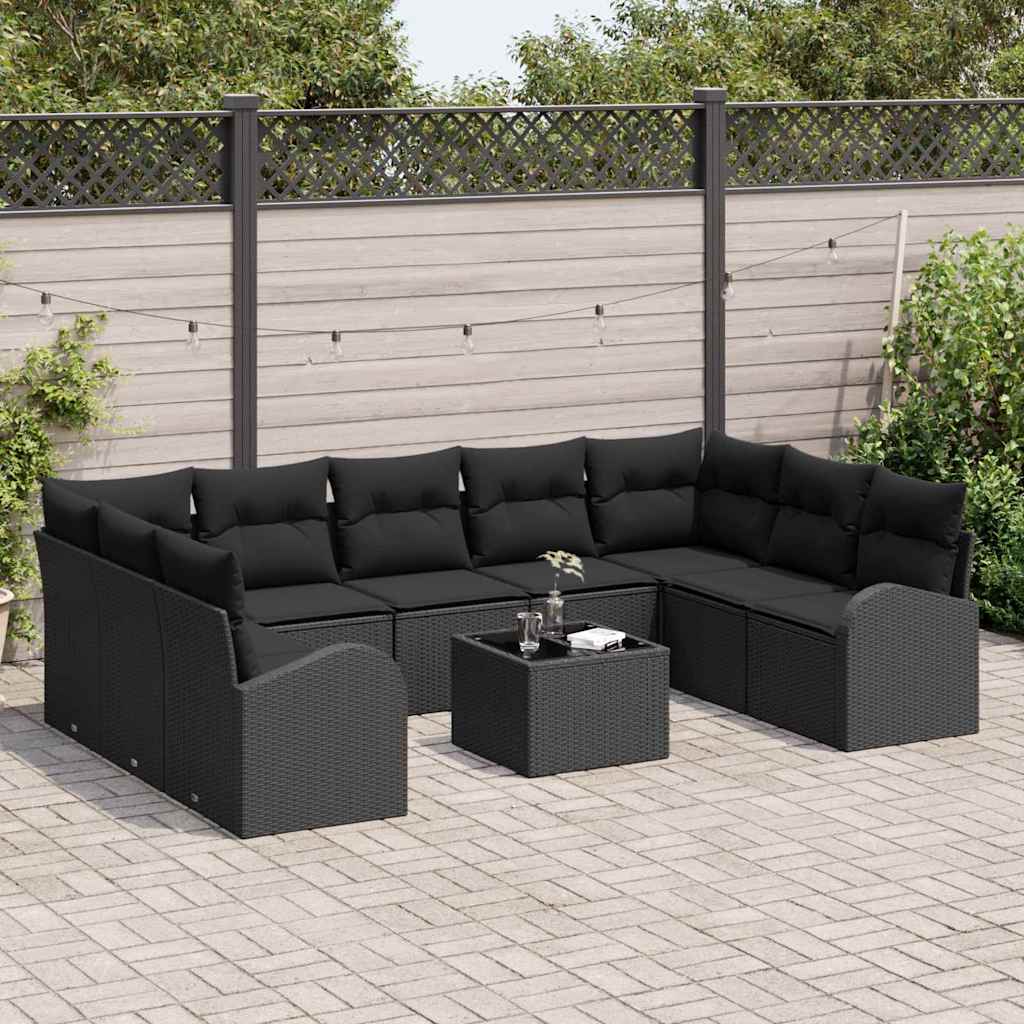 Sofa Set with Cushion 10 pcs Black Poly Rattan