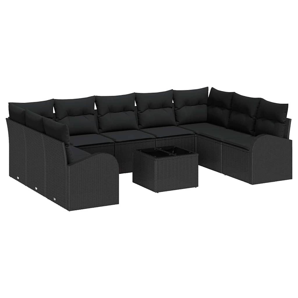 Sofa Set with Cushion 10 pcs Black Poly Rattan