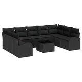 Sofa Set with Cushion 10 pcs Black Poly Rattan - Front View