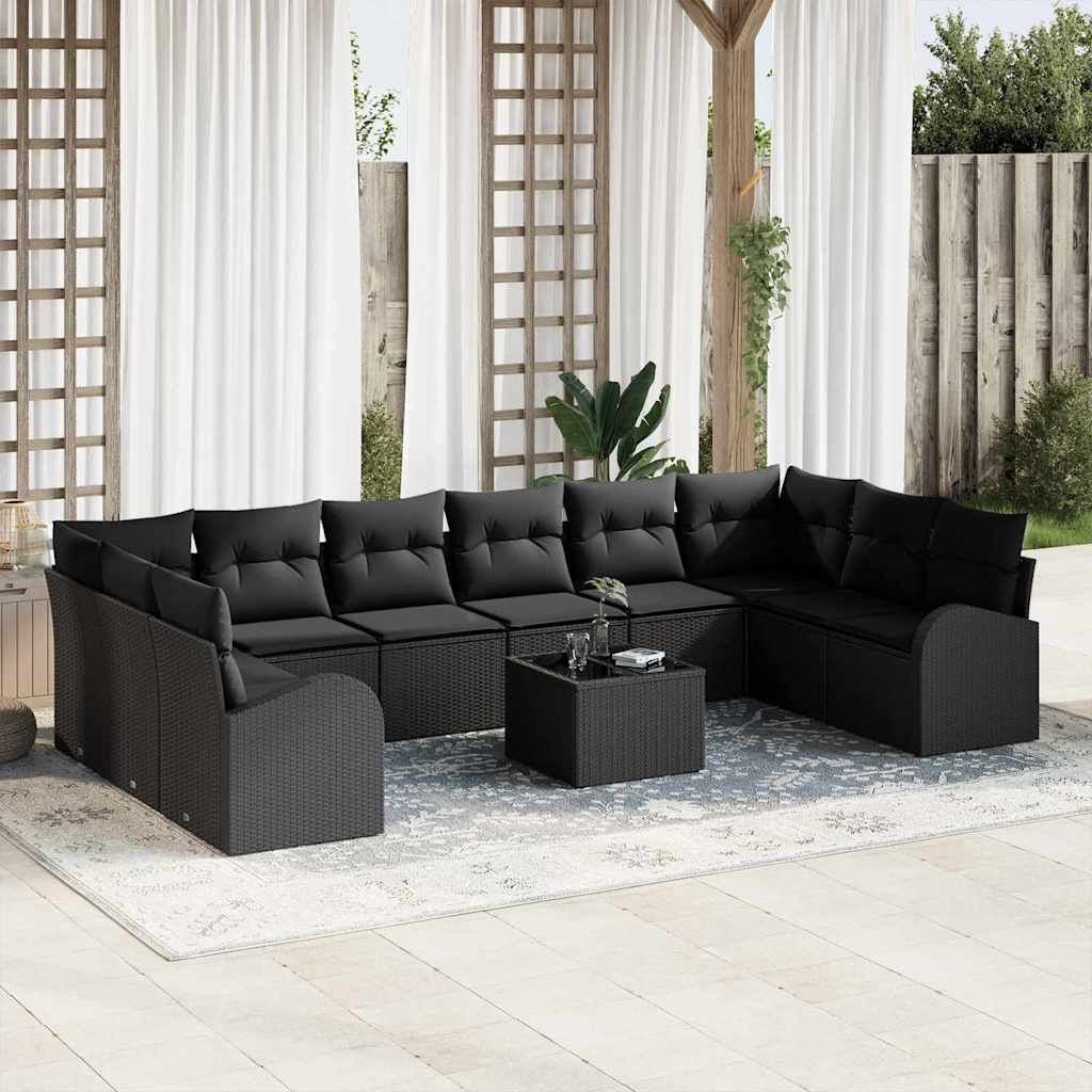 Sofa Set with Cushion 11 pcs Black Poly Rattan