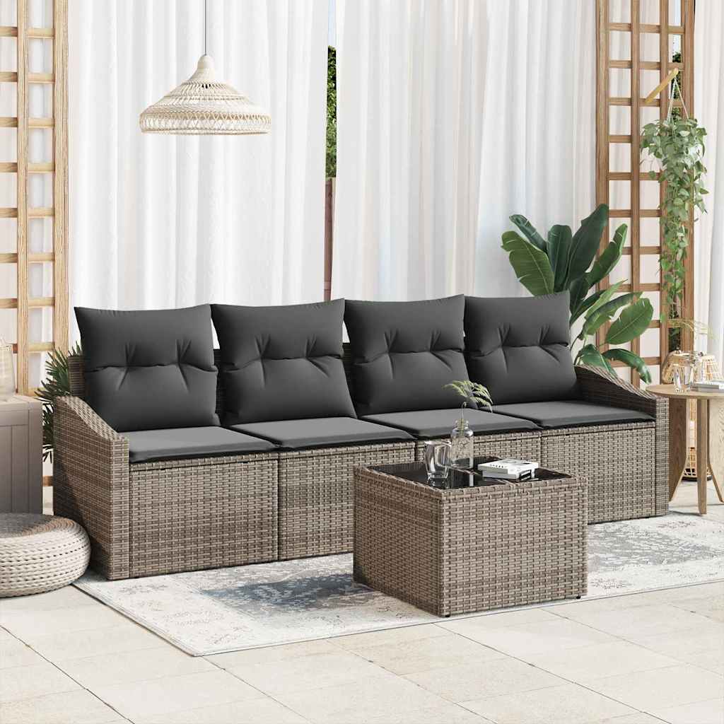 Sofa Set with Cushion Manual with Pillow 5 pcs Grey Poly Rattan