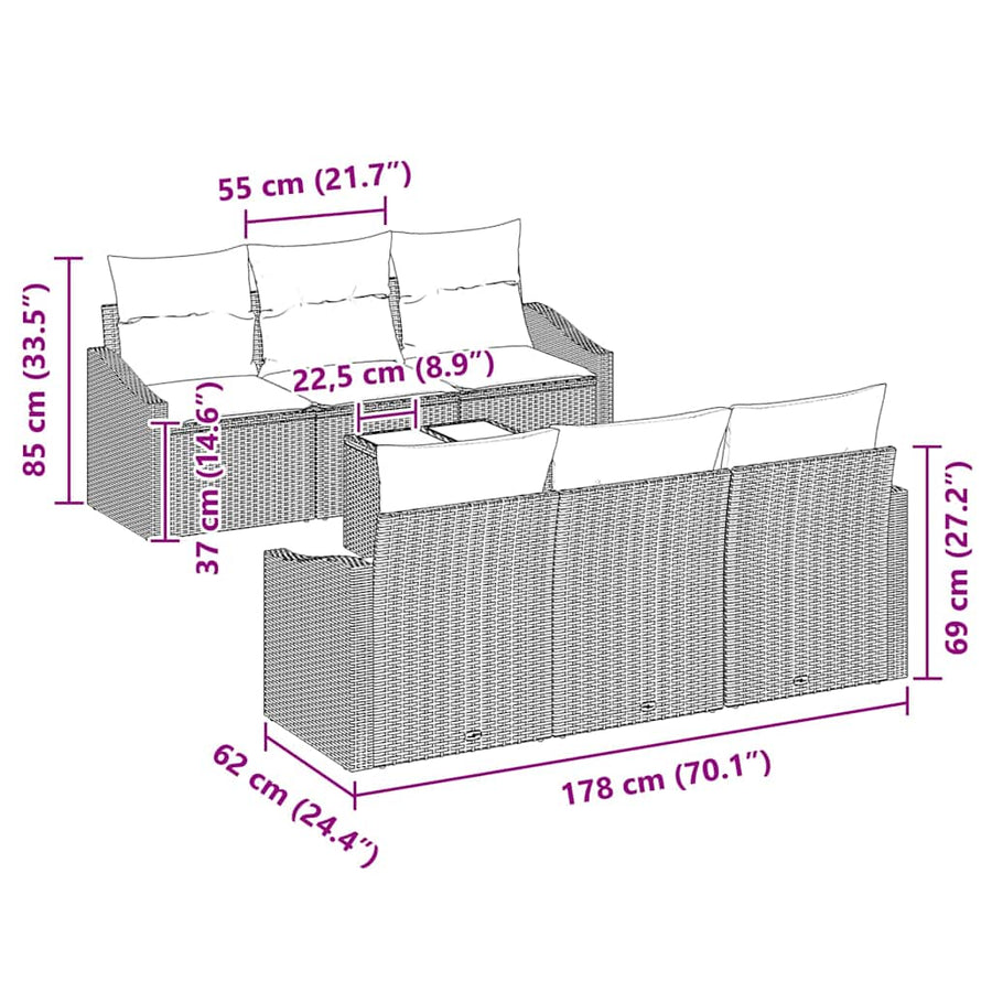 Sofa Set 7 pcs Black 55 x 55 x 37 cm Poly Rattan