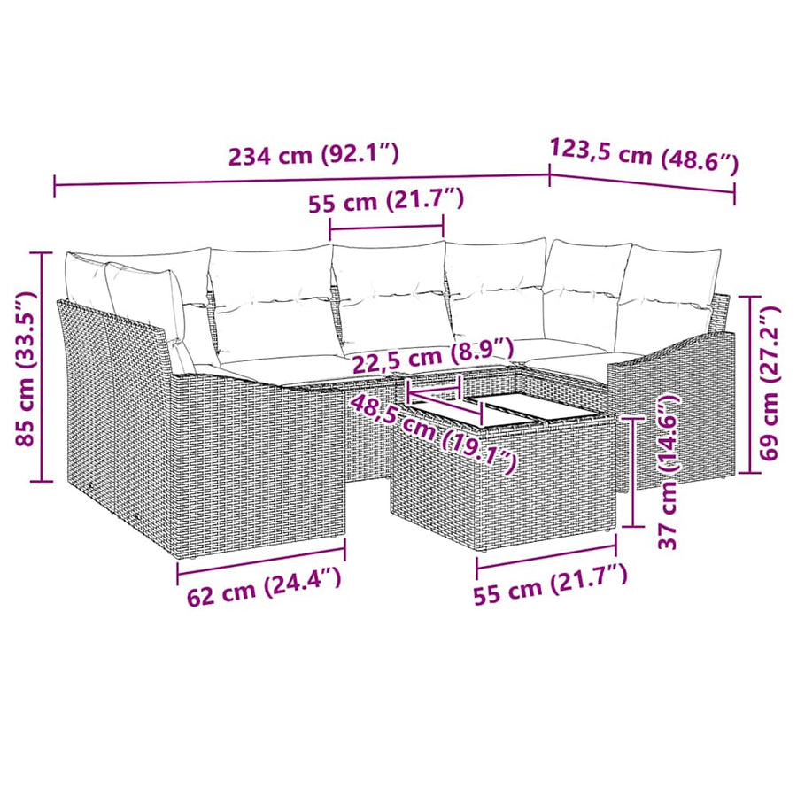 Sofa Set 7 pcs Grey 55 x 55 x 37 cm Poly Rattan