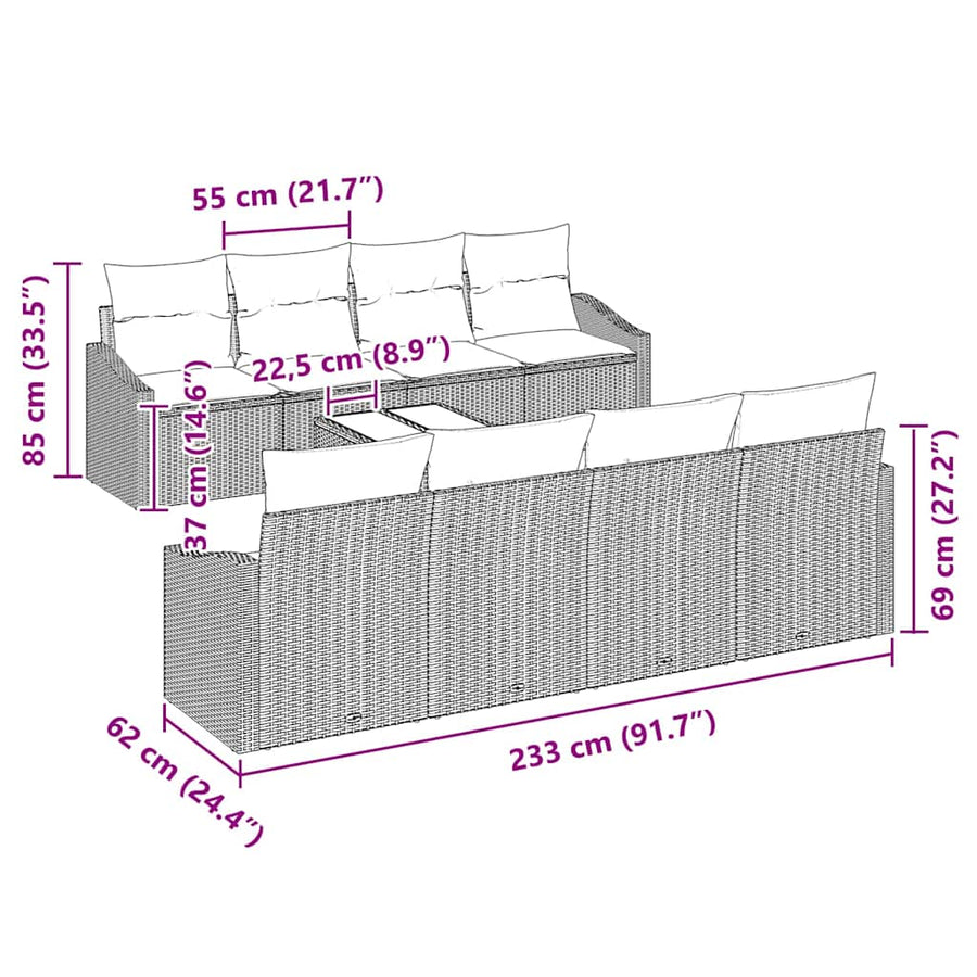 Sofa Set 9 pcs Grey 55 x 55 x 37 cm Poly Rattan