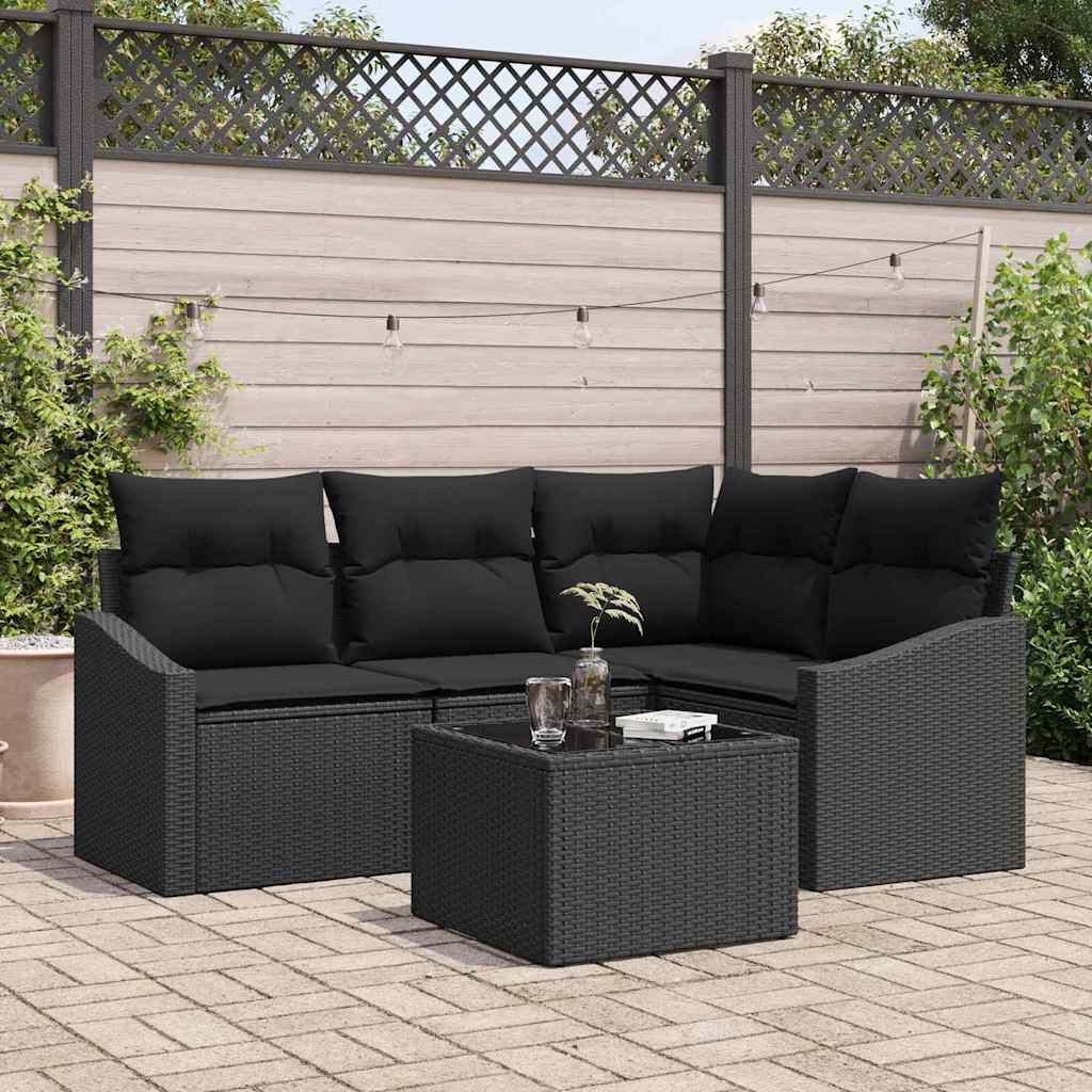 Sofa Set with Cushion 5 pcs Black Poly Rattan