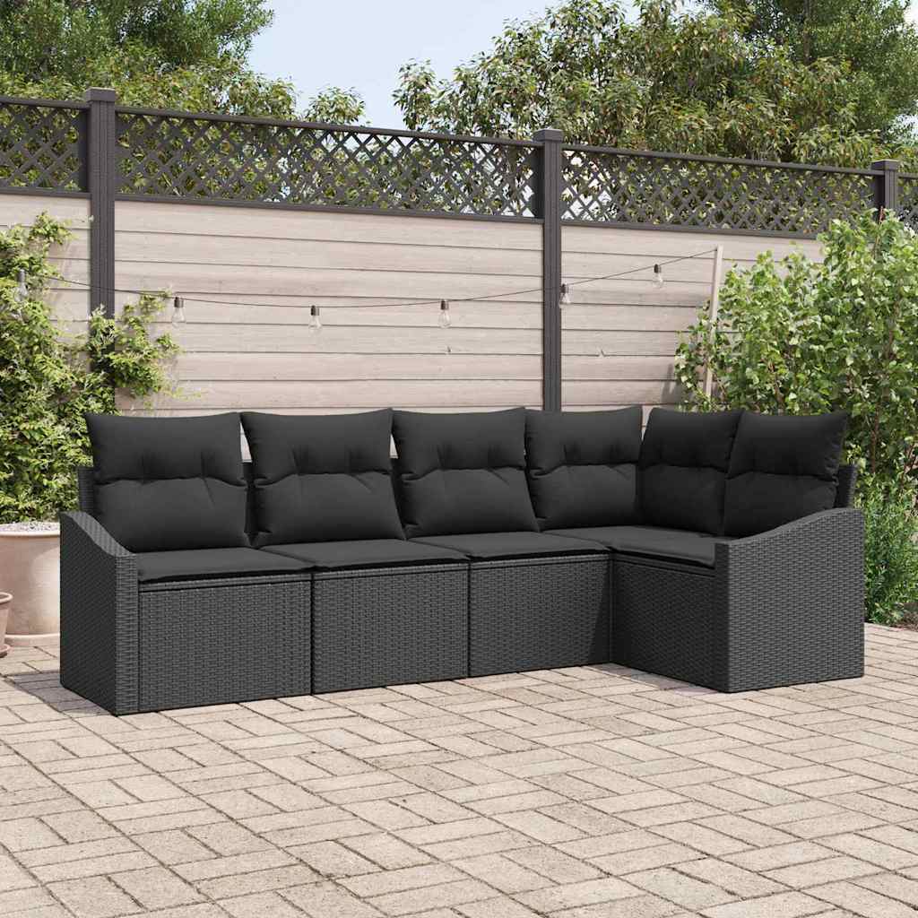 Sofa Set with Cushion 5 pcs Black Poly Rattan