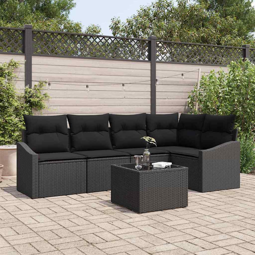 Sofa Set with Cushion 6 pcs Black Poly Rattan