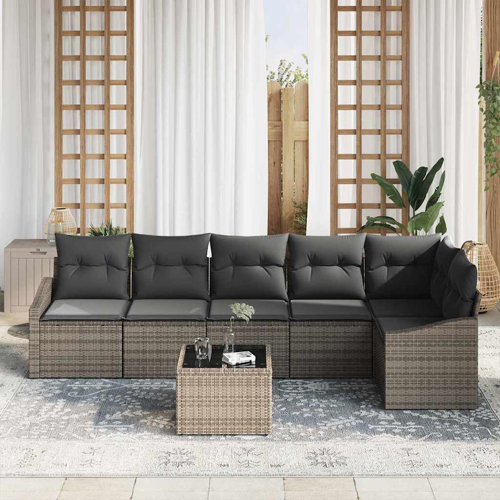 Sofa Set with Cushion 7 pcs Grey Poly Rattan