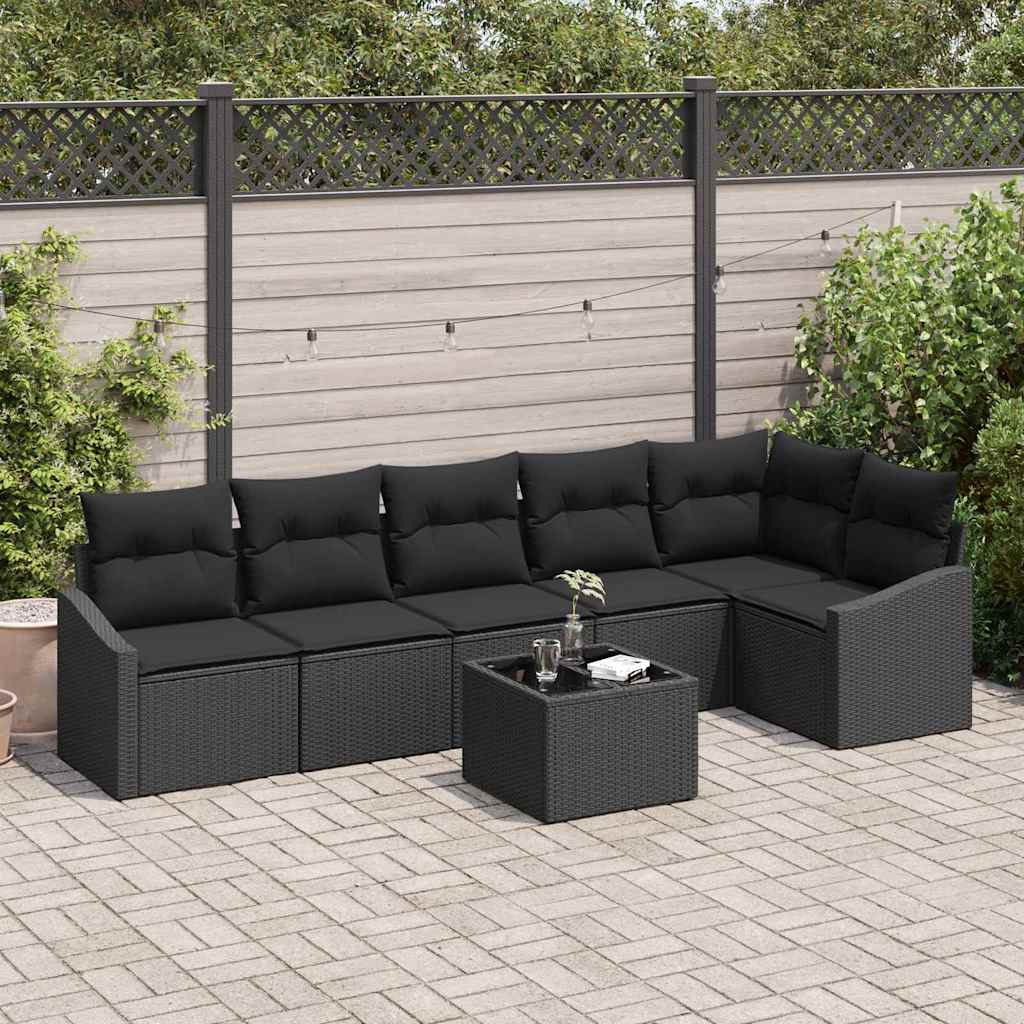 Sofa Set with Cushion 7 pcs Black Poly Rattan