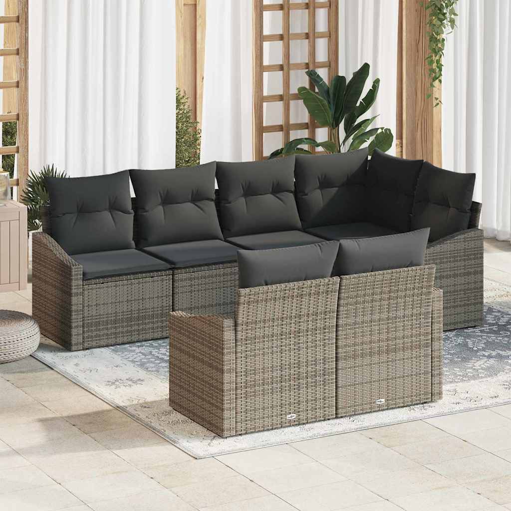 Sofa Set with Cushion 7 pcs Grey Poly Rattan