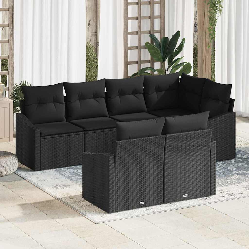Sofa Set with Cushion 7 pcs Black Poly Rattan