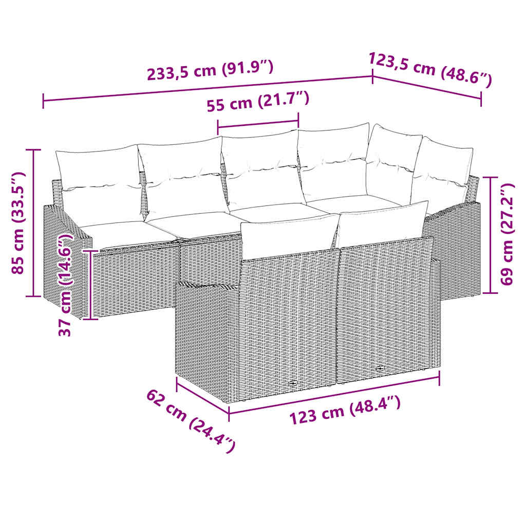 Sofa Set with Cushion 7 pcs Black Poly Rattan