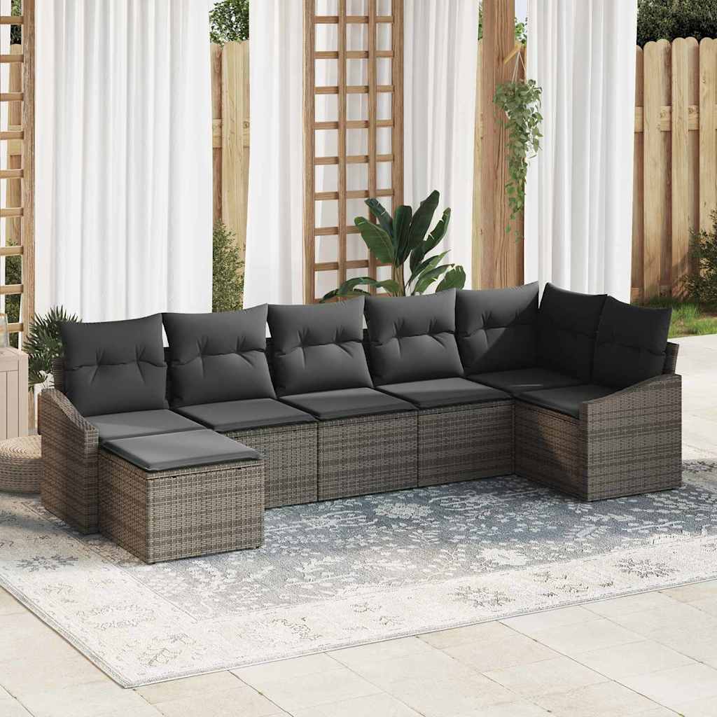 Sofa Set with Cushion 7 pcs Grey Poly Rattan