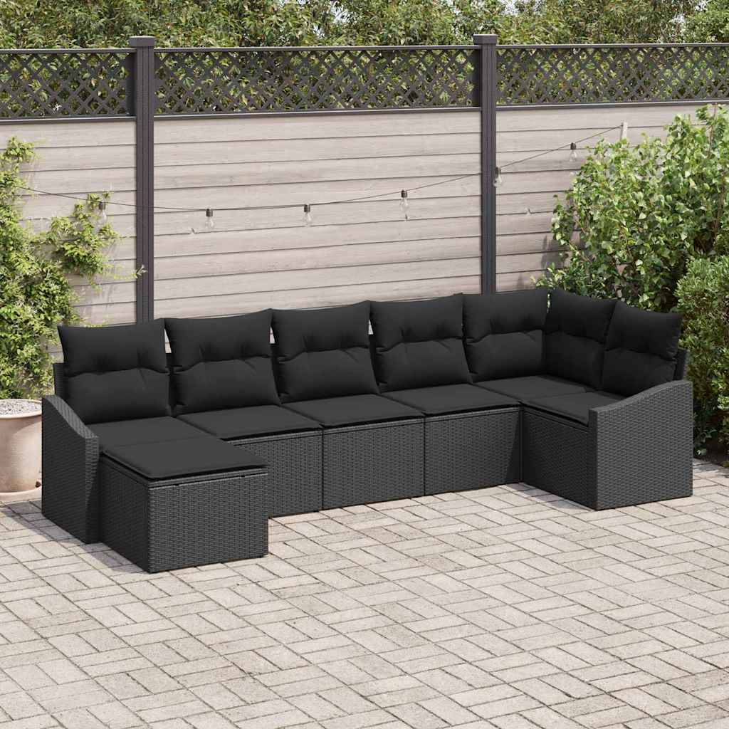 Sofa Set with Cushion 7 pcs Black Poly Rattan