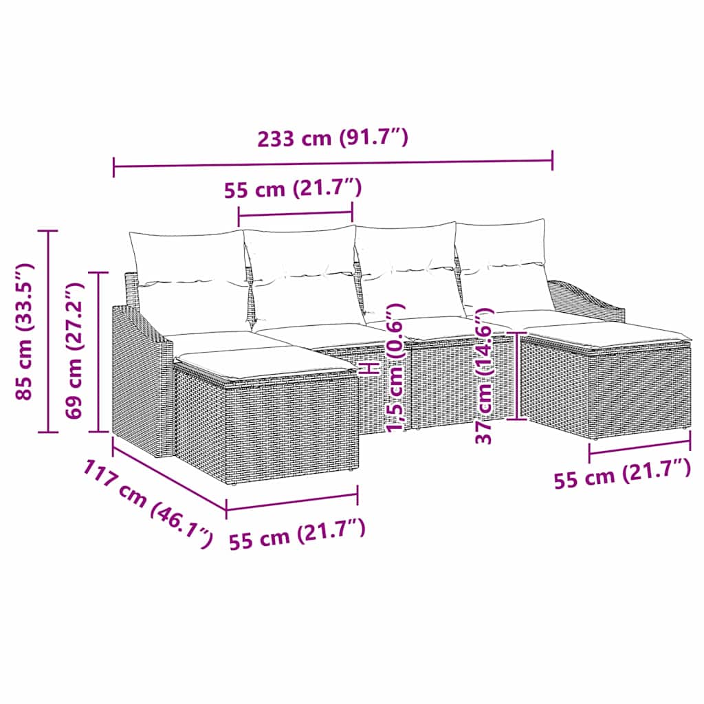 Sofa Set with Cushion 6 pcs Grey Poly Rattan