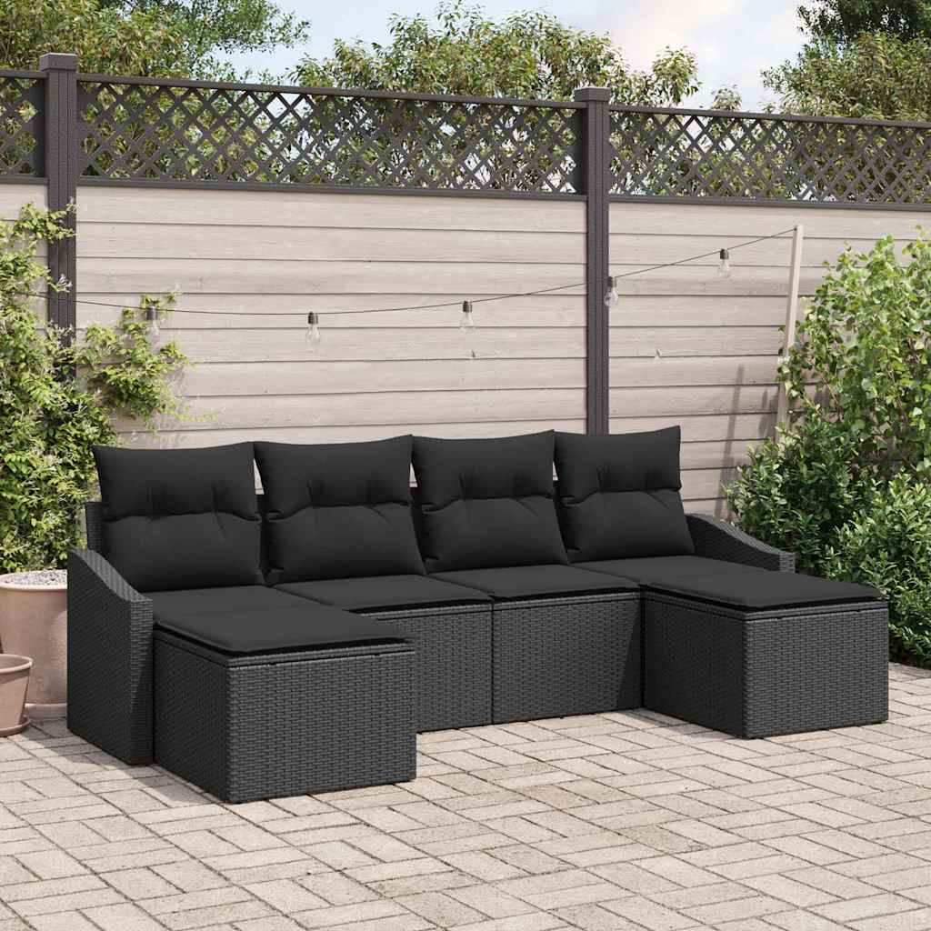 Sofa Set with Cushion 6 pcs Black Poly Rattan
