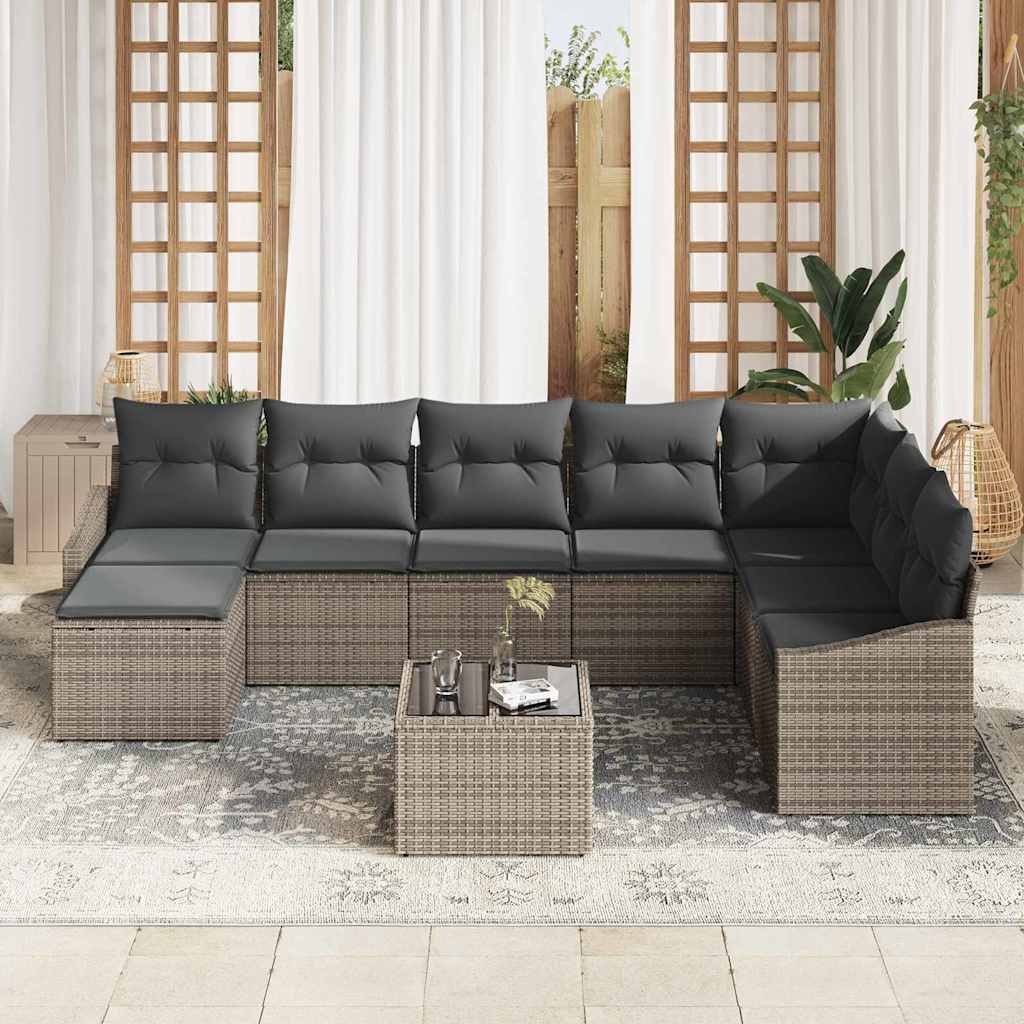 Sofa Set with Cushion 9 pcs Grey Poly Rattan