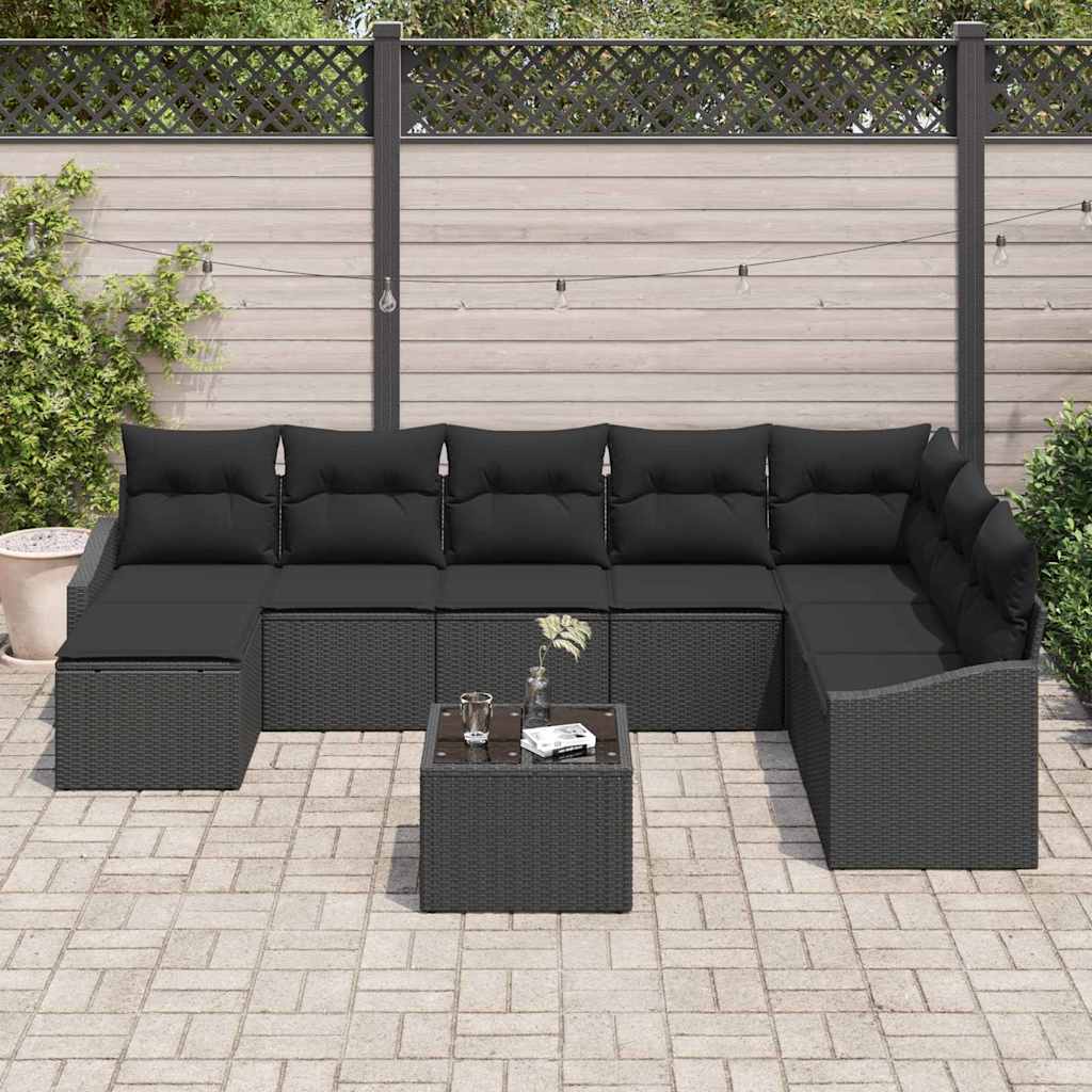 Sofa Set with Cushion 9 pcs Black Poly Rattan