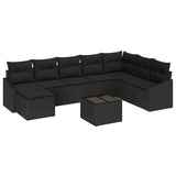 Sofa Set with Cushion 9 pcs Black Poly Rattan - Front View