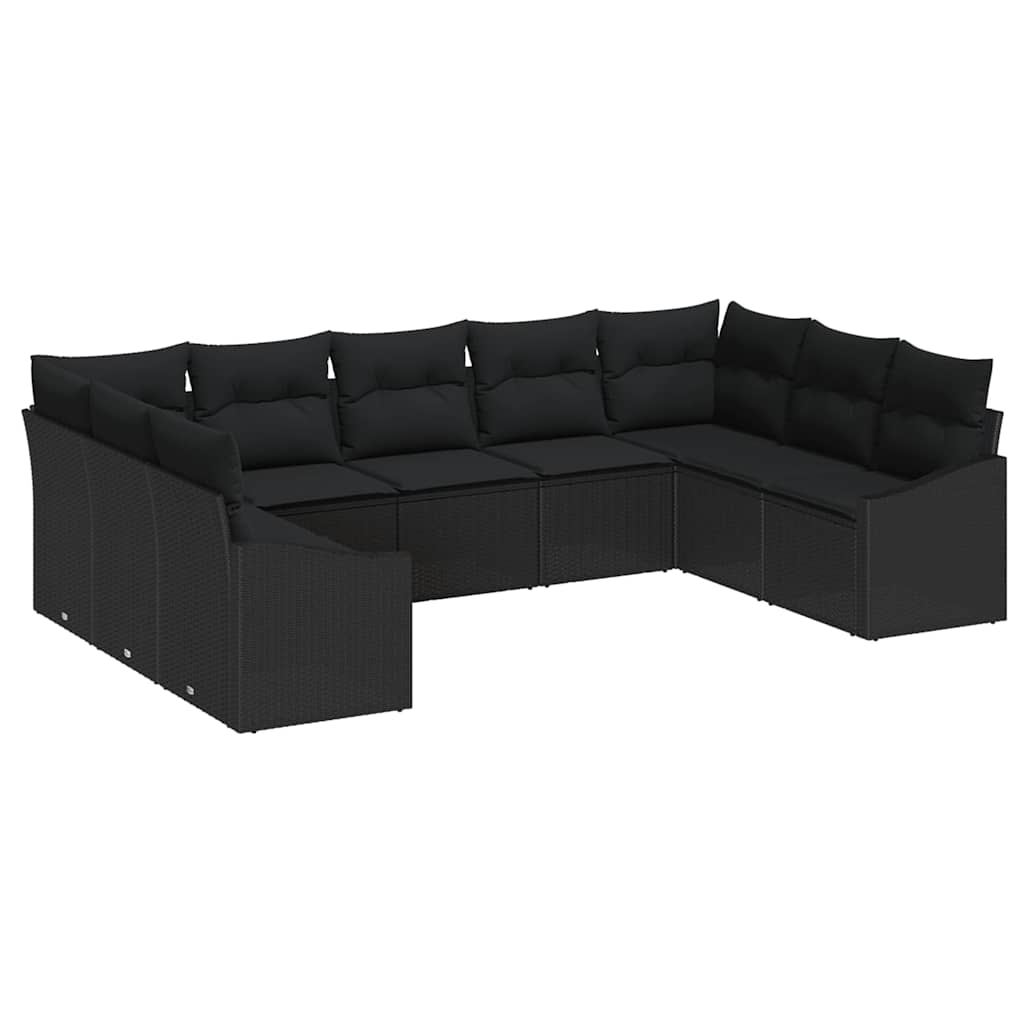 Sofa Set with Cushion 9 pcs Black Poly Rattan