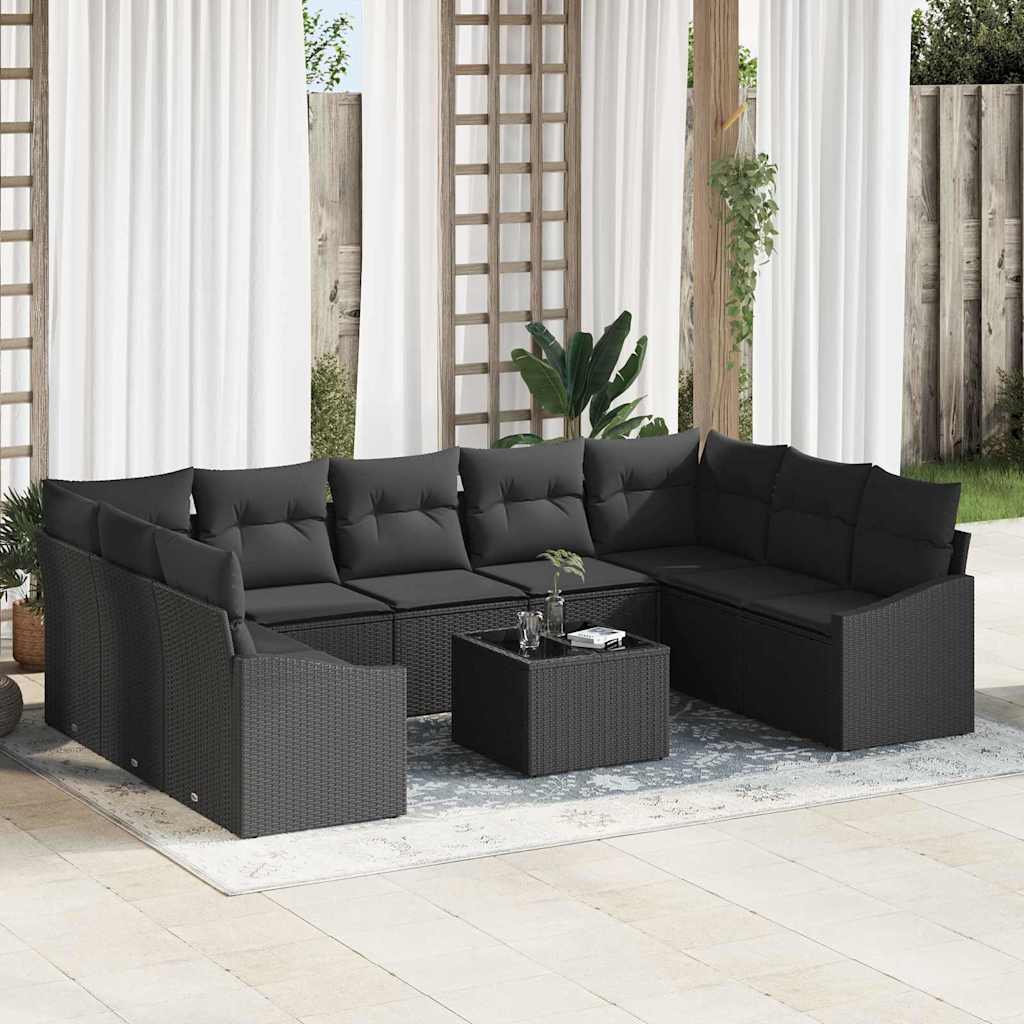 Sofa Set with Cushion 10 pcs Black Poly Rattan