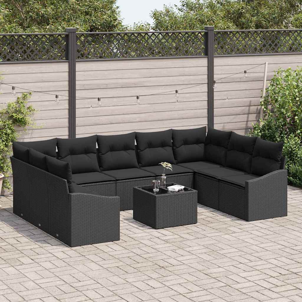 Sofa Set with Cushion 10 pcs Black Poly Rattan