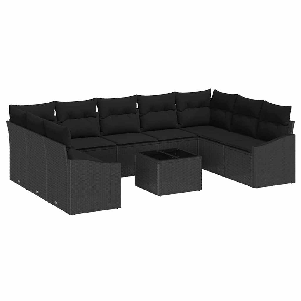 Sofa Set with Cushion 10 pcs Black Poly Rattan