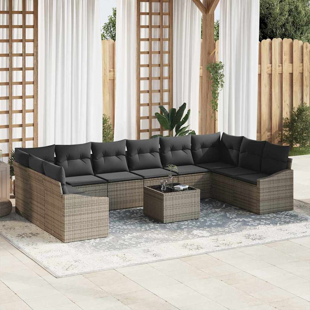 Sofa Set with Cushion 11 pcs Grey Poly Rattan