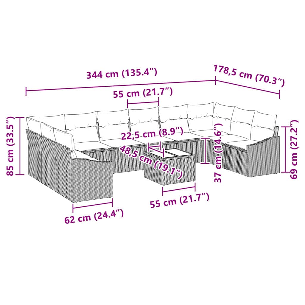 Sofa Set with Cushion 11 pcs Grey Poly Rattan