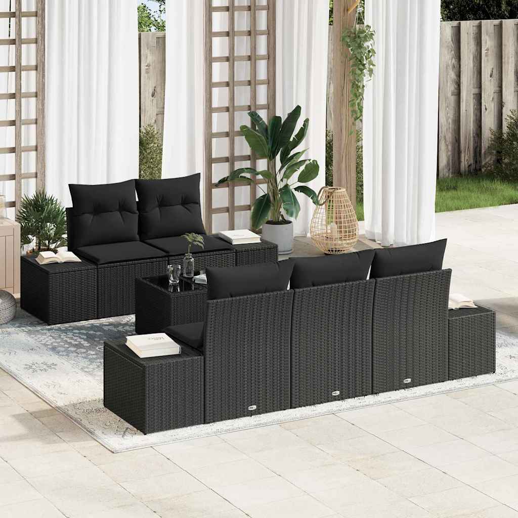 Garden Sofa Set with Cushion 6 pcs Black Poly Rattan
