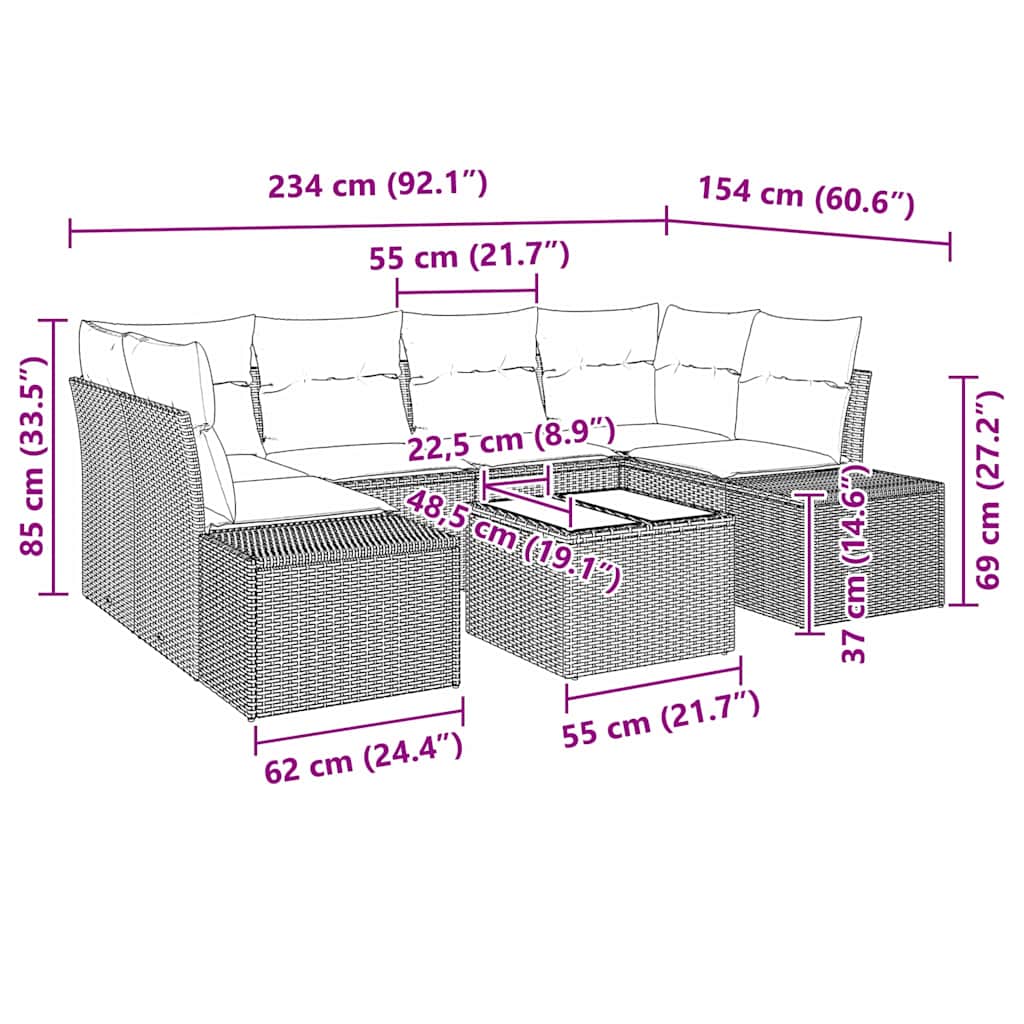 Garden Sofa Set with Cushion 7 pcs Black Poly Rattan