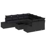 Garden Sofa Set with Cushion 9 pcs Black Poly Rattan - Front View
