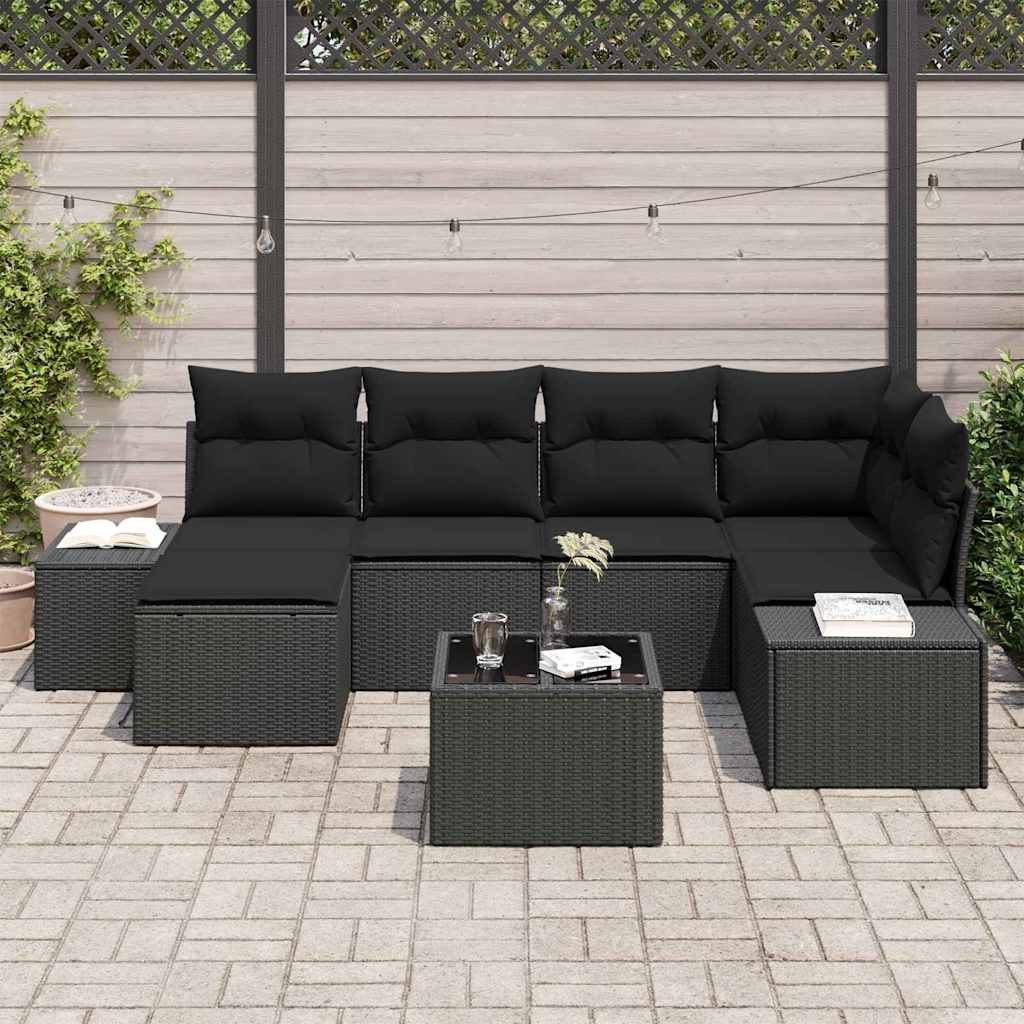Garden Sofa Set with Cushion 7 pcs Black Poly Rattan