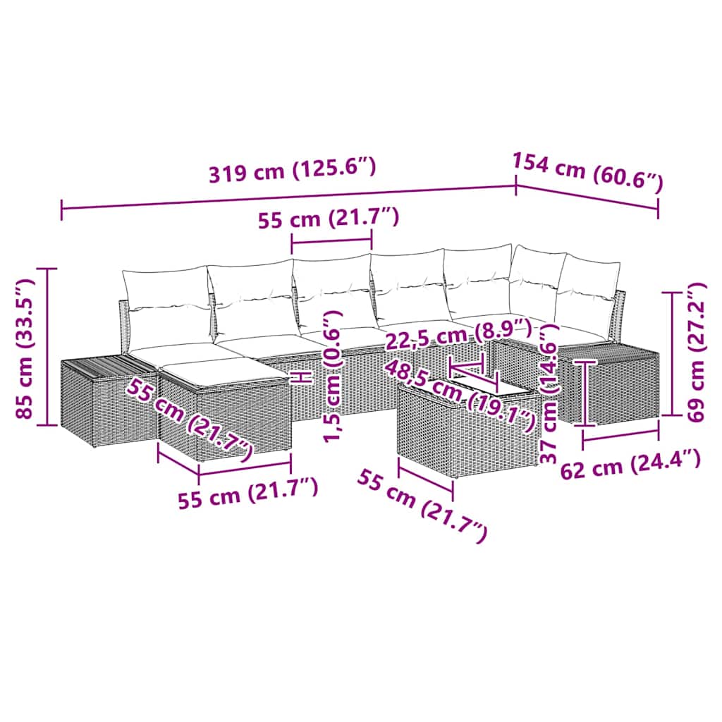 Garden Sofa Set with Cushion 8 pcs Black Poly Rattan