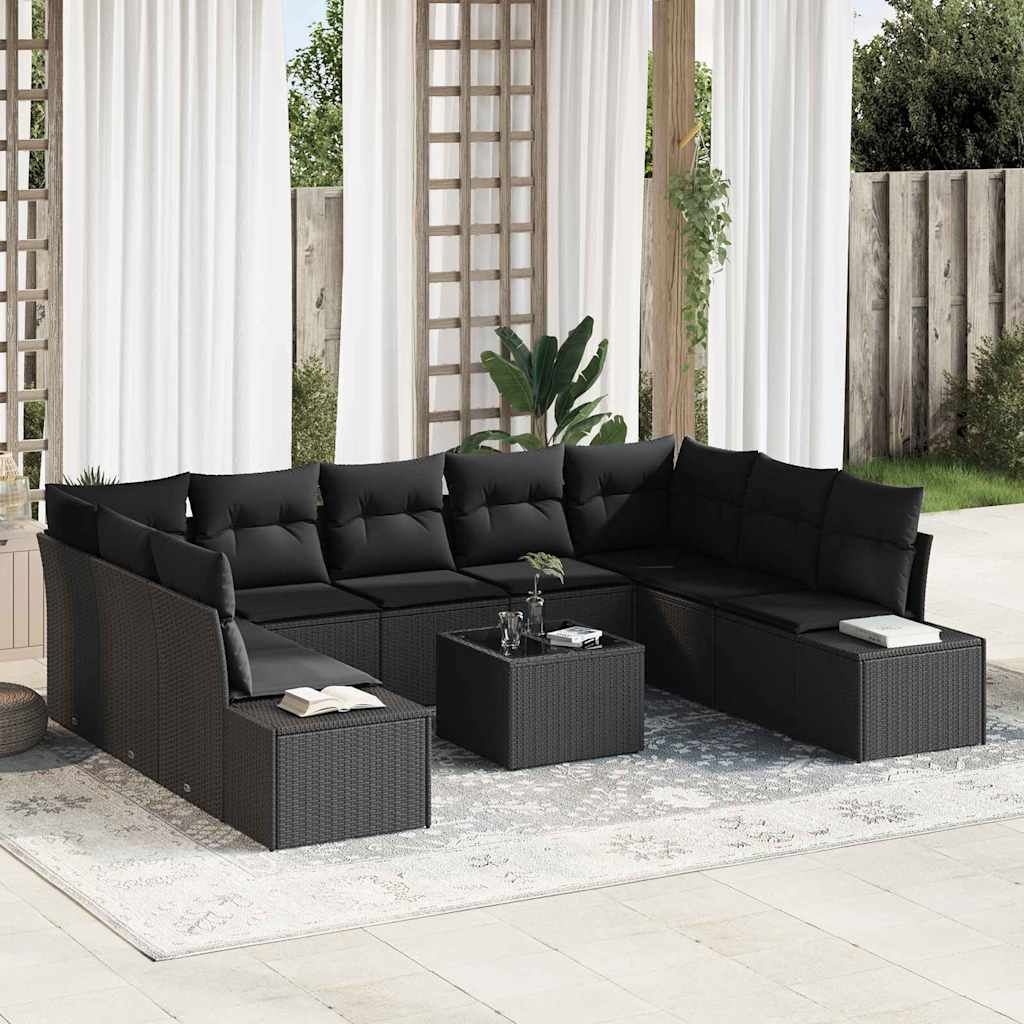 Garden Sofa Set with Cushion 10 pcs Black Poly Rattan