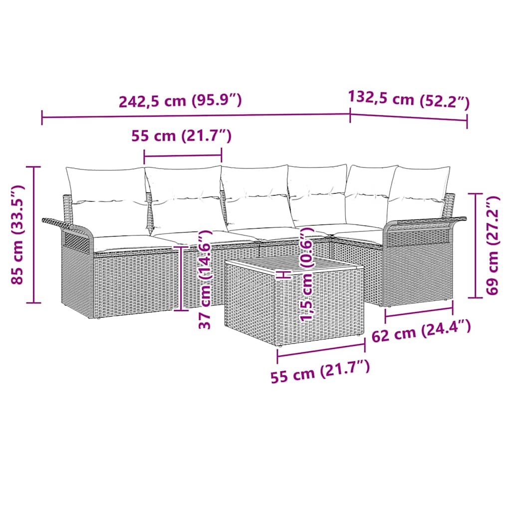 Garden Sofa Set with Cushion 6 pcs Black Poly Rattan